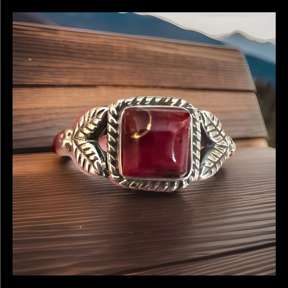 ❤️ Red Dahlia Kingman Turquoise 925 Square Stone Ring Navajo Style Size 5.5